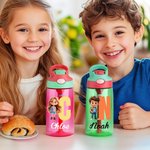 Personalised Cartoon Character 16 oz Kid Water Bottle with Name and Initial Outdoor Activities Birthday Christmas Back to School Gift for Kids