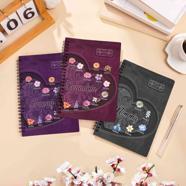 Personalised Heart Birth Flower A5 60 Lined Pages Spiral Notebook with Title and 1-12 Name Daily Use Birthday Gift for Mom Grandma