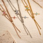 Personalized Four-Pointed Star Pendant Double Chain Necklace with Birthstone Dainty Family Jewelry Birthday Anniversary Gift for Women