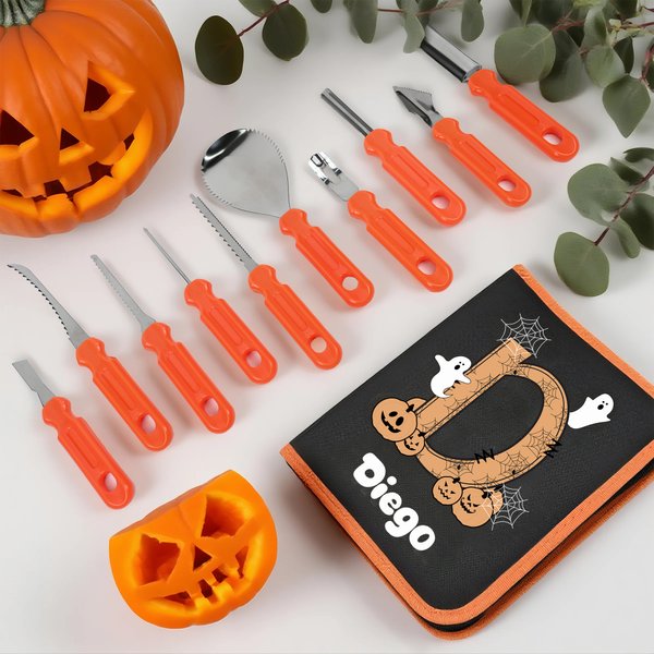 Personalized Ghost Initial Halloween Pumpkin Carving Tools 11 Pcs Set with Name Halloween Gift for Family Children