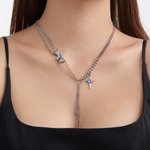 Personalized Four-Pointed Star Pendant Double Chain Necklace with Birthstone Dainty Family Jewelry Birthday Anniversary Gift for Women