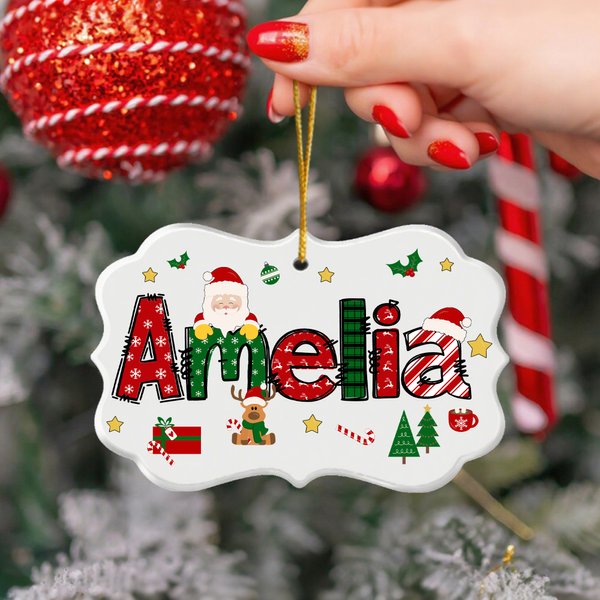 Personalized Santa Claus Elk Design Ceramic Christmas Ornament with Name and 3 Hanging Ropes Tree Decoration Christmas Gift for Family