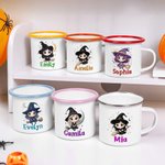 Gepersonaliseerde schattige cartoon heks 12 oz kleurrijke rand emaille mok met naam Halloween Party Gift voor kinderen