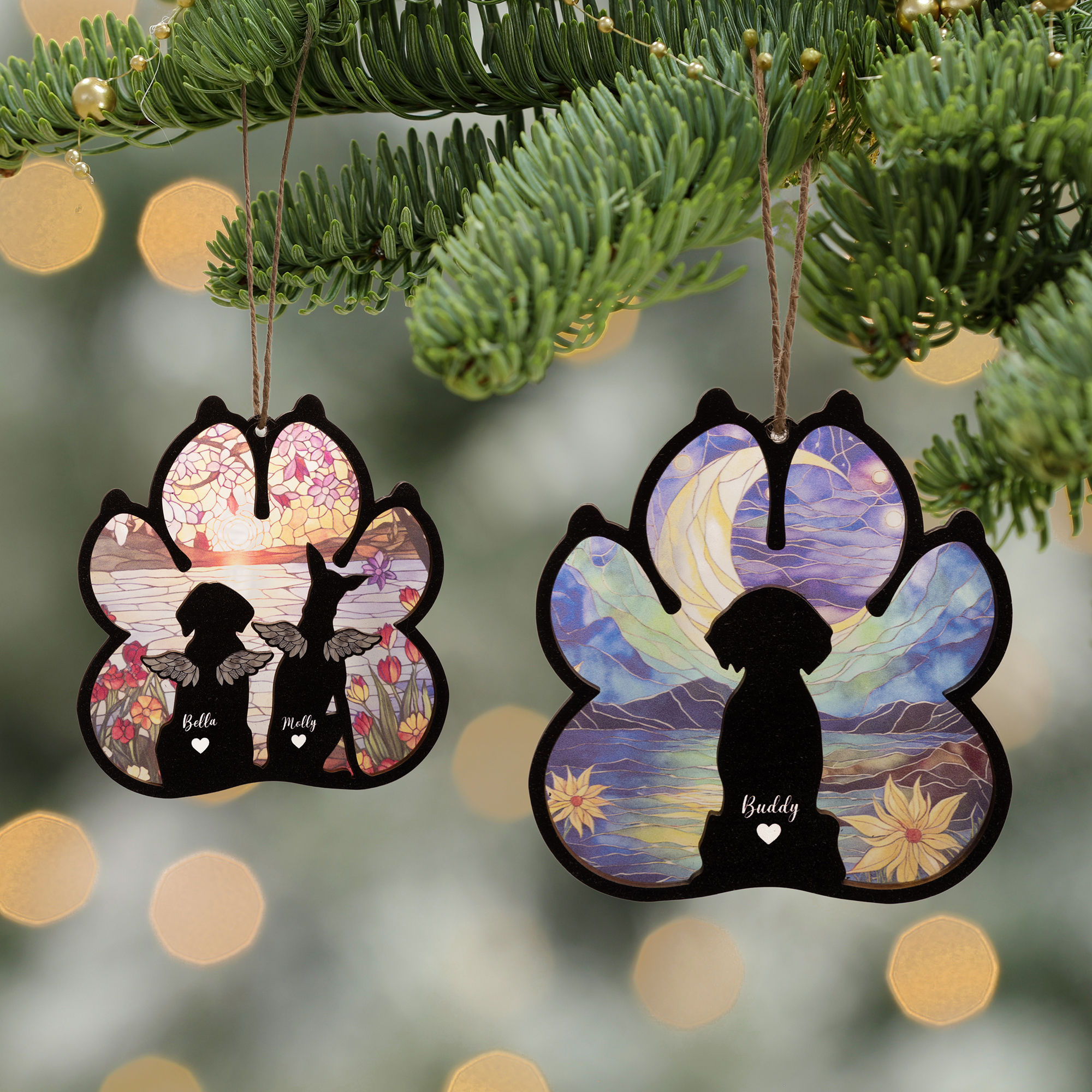 Personnalisé Silhouette de chien en forme de patte, accroche fenêtre Ornement de Noël avec noms Sympathie Mémorial Cadeau pour les amoureux des chiens
