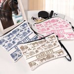 Personalised Equestrian Pattern Linen Makeup Bag with Text and Wrist Strap Travel Essentials Christmas Birthday Gift for Cowboy Girl Women