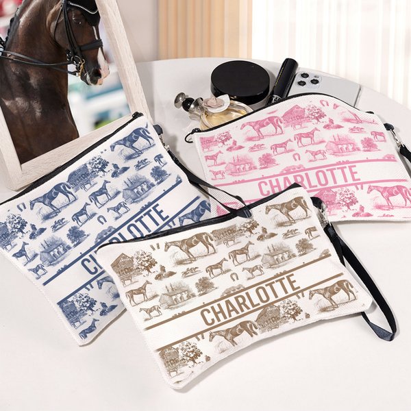 Personalised Equestrian Pattern Linen Makeup Bag with Text and Wrist Strap Travel Essentials Christmas Birthday Gift for Cowboy Girl Women