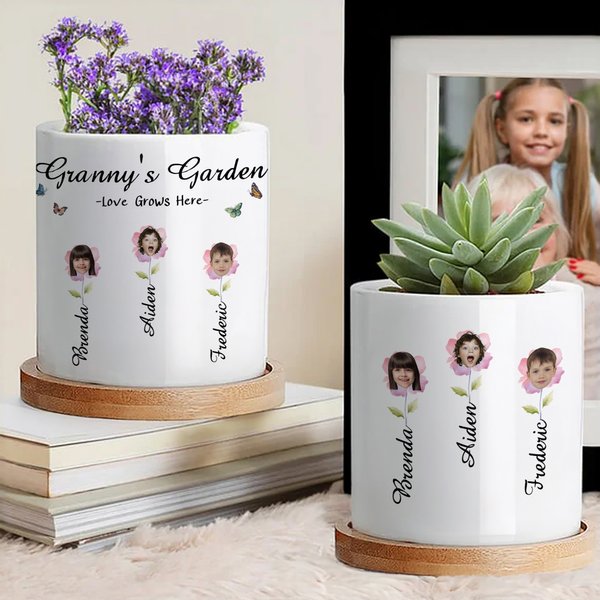 Gepersonaliseerde Bloemen 1-10 Gezichtsfoto Tuin Keramische Bloempot met Bamboe Dienblad Naam Titel en Tekst Home Decor Kerst Verjaardag Cadeau voor Mam Oma