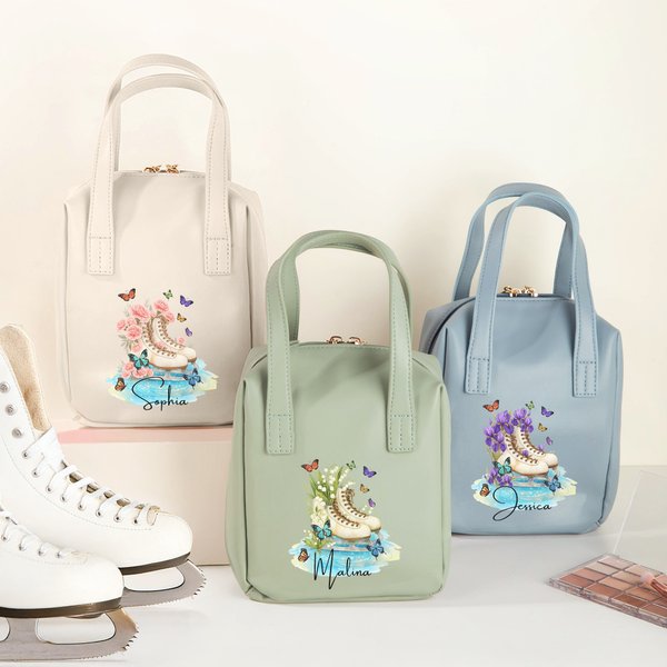 Personalized Skate Birth Flower Name Portable PU Leather Makeup Bag with Handle Travel Accessories Birthday Gift for Skate Lovers Girls