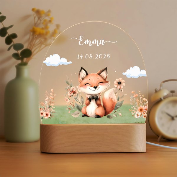 Personalised Bear Fox Cute Animal LED Night Light with Wooden Base and Name Nursery Decor Baby Shower Birthday Gift for Girls Boys