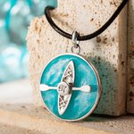 Personalised Kayak Blue Lake Round Resin Necklace with Rotate Paddle and Engraved Initial Inspirational Jewellery Gift for Kayaking Enthusiasts Kayaker