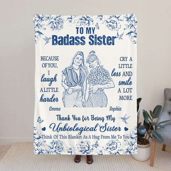 Personalized Floral Sketch Photo 2-6 Characters Soft Throw Blanket with Name and Text Home Decor Birthday Gift for Sisters Besties