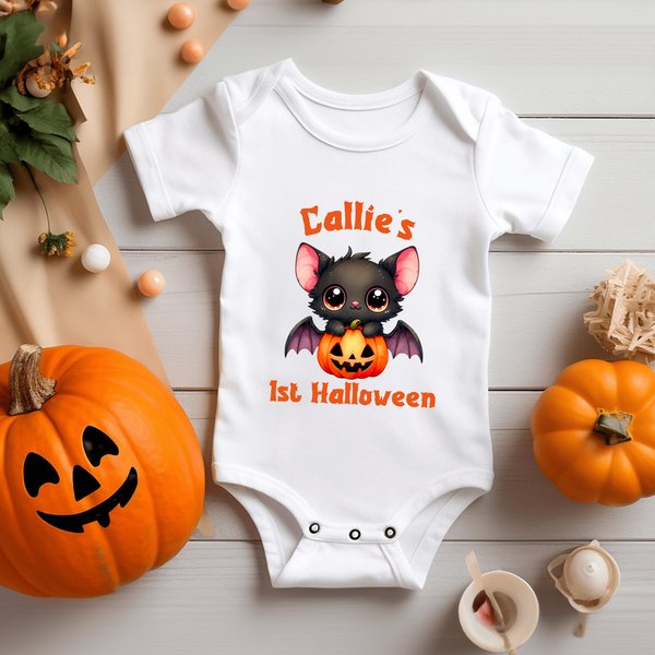 Personalised Cartoon Bat Pumpkin 100% Cotton Baby Bodysuit Kid T-shirt with Name and Text Halloween Gift for Baby Boys Girls