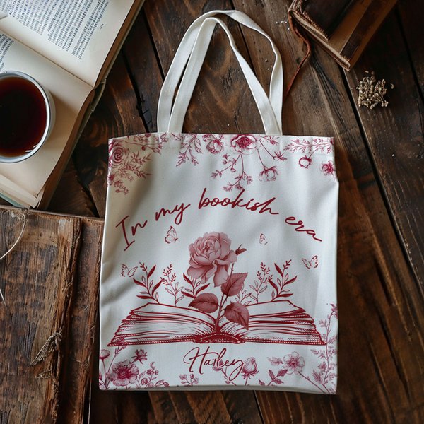 Personalised In My Bookish Era Toile De Jouy Design Birth Flower Canvas Bag with Name Birthday Gift for Reading Lover Bookworm