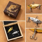 Personalized 2 Pcs Metal Bionic Fishing Lures Wooden Box Set with Engraved Text Birthday Fisherman Gift for Dad Husband