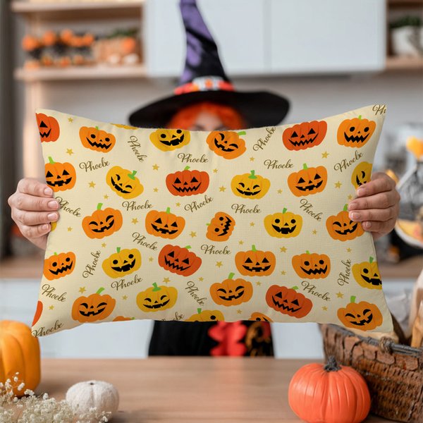 Personalized Pumpkin Face Cozy Lumbar Throw Pillow Cover with Name Home Decor Halloween Gift for Family Friends