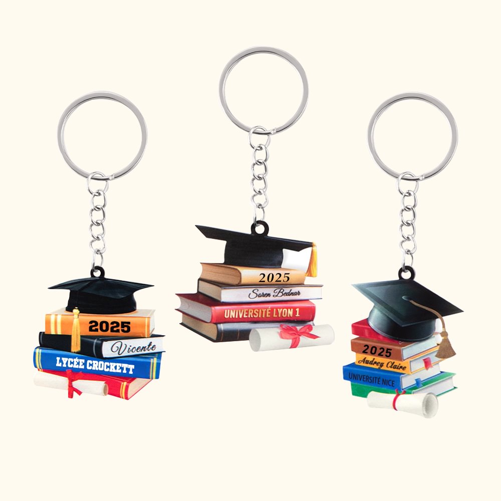 Porte-clés Personnalisé avec Motif Sac Livre Mortier 3D Nom et Année Cadeau Remise de Diplôme Classe de 2025 pour Diplômés