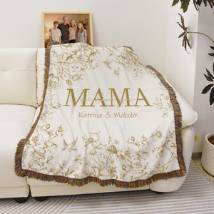 Personalised Toile De Jouy 1-6 Names Multicolour Soft Throw Blanket with Nickname and Tassels Home Decor Christmas Mother's Day Gift for Mom Grandma
