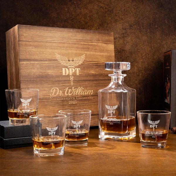 Personalized Angel Wings Whiskey Decanter Glasses with Text and Wooden Storage Box Bar Accessory Birthday Gift for Doctors Whiskey Lovers