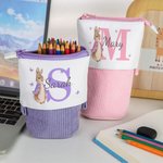 Personalized Peter Rabbit Corduroy Stand-Up Telescopic Pencil Bag with Name and Initial School Stationery Back to School Gift for Kids
