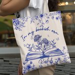 Personalized In My Bookish Era Toile De Jouy Design Birth Flower Canvas Bag with Name Birthday Gift for Reading Lover Bookworm
