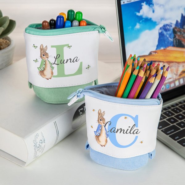 Personalized Peter Rabbit Corduroy Stand-Up Telescopic Pencil Bag with Name and Initial School Stationery Back to School Gift for Kids