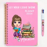 Personalized Floral Book Cartoon Reading Character 2026 Planner Name A5 Notebook Pen with Weekly Planner Page Birthday Gift for Family Friends