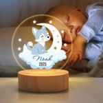 Personalized Dreamy Moon Forest Animal LED Night Light with Name Text and Wooden Base Nursery Room Decor Birthday Baby Shower Gift for Baby Kid