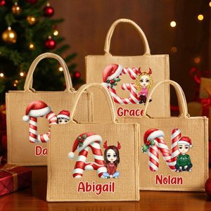 Personalised Christmas Initials Cartoon Character Large Jute Tote Bag with Name Christmas Party Birthday Gift for Family