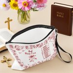 Personalised Toile De Jouy Birth Flower Bible Chapter Name Makeup Bag with Wrist Strap Baptism Birthday Christmas Gift for Women Christians
