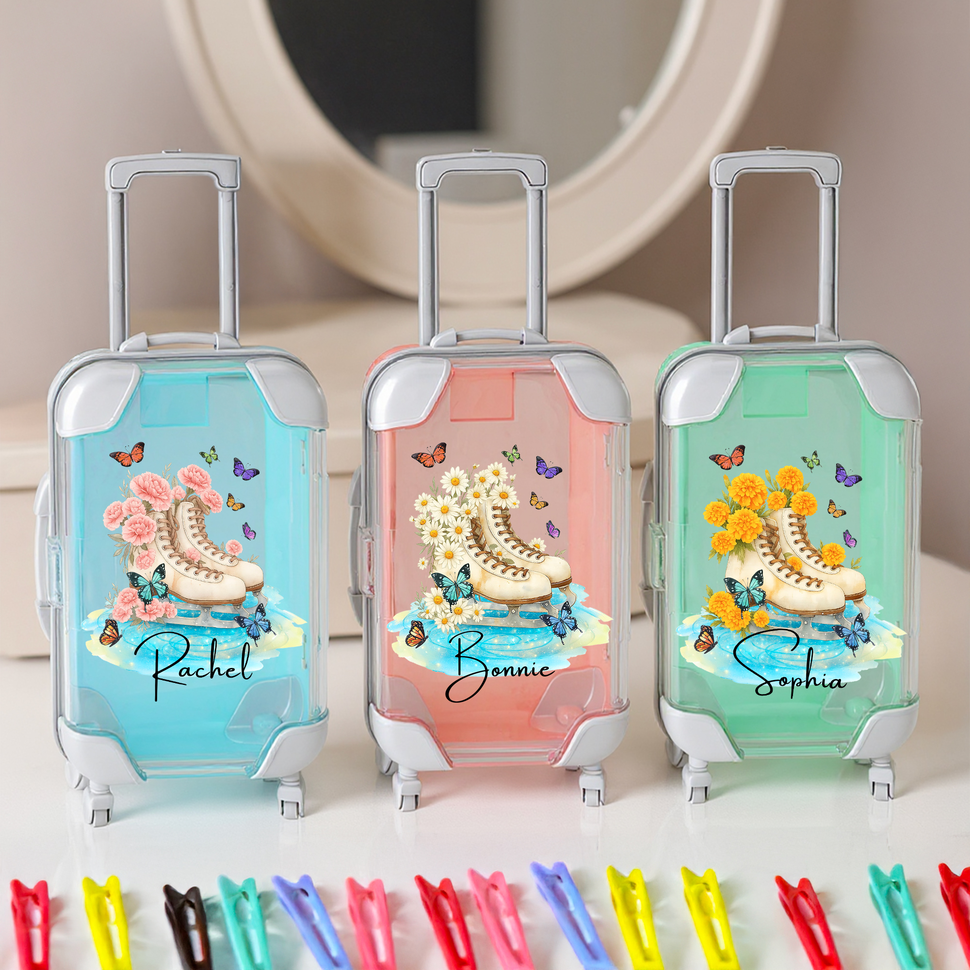 Fleur de naissance personnalisée pour patin à glace Mini boîte de rangement pour accessoires de cheveux en forme de valise avec nom Cadeau d'anniversaire et de Noël pour les passionnés de patin à glac