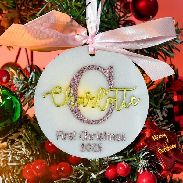 Personalized First Christmas Pink Bow Ribbon Acrylic Ornament with Glitter Initial Holiday Tree Decor  Gift for Baby Girl