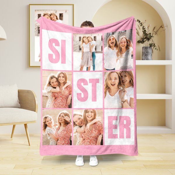Personalized Nine-Square Grid Sister Soft Throw Blanket with 6 Photos Collage Home Decor Birthday Anniversary Gift for Besties Friends