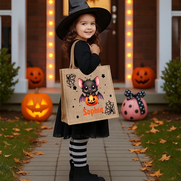Personalised Cute Cartoon Bat Halloween Jute Bag with Name Halloween Party Gift for Boys Girls