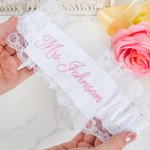 Personalized Something Blue Embroidered Text Lace Bow Wedding Garter with Heart-Shaped Charm  Wedding Bridal Shower Gift for Bride
