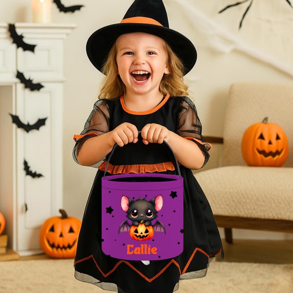 Personalised Multicolour Cute Bat Star Pattern Reusable Sweets Bucket with Name Trick or Treat Party Halloween Gift for Kids