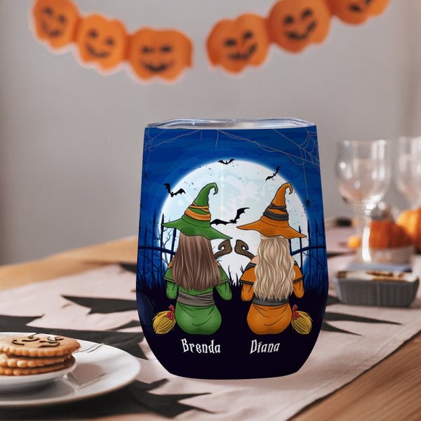 Personalized Side by Side or Miles Apart Cartoon Witches 12 oz Insulated Wine Tumbler with Names Halloween Gift for Sisters Besties