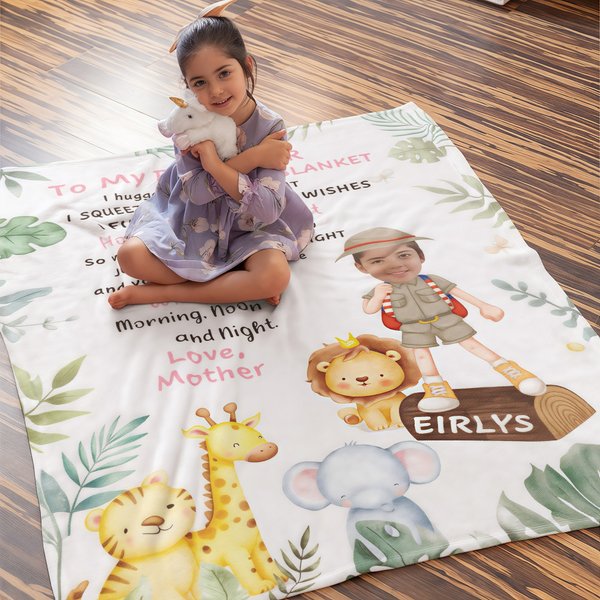 Coperta personalizzata con testo e nome per bambini con foto del viso di animali safari, regalo di compleanno per ragazzo e ragazza