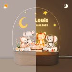 Personalised Cute Forest Animal Lion Elephant LED Night Light with Wooden Base and Name Nursery Decor Baby Shower Birthday Gift for Kids