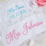 Personalized Something Blue Embroidered Text Lace Bow Wedding Garter with Heart-Shaped Charm  Wedding Bridal Shower Gift for Bride