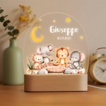 Personalised Cute Forest Animal Lion Elephant LED Night Light with Wooden Base and Name Nursery Decor Baby Shower Birthday Gift for Kids