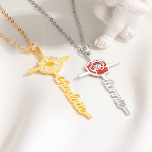 Personalised Coloured Birth Flower Cross Necklace with Name Dainty Jewellery Birthday Anniversary Gift for Christians Women
