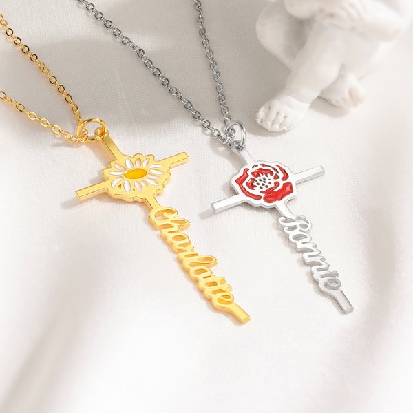 Personalised Coloured Birth Flower Cross Necklace with Name Dainty Jewellery Birthday Anniversary Gift for Christians Women