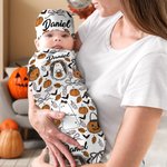 Personifierad spöke pumpa mjuk kasta filt baby swaddle knut hatt set med namn Halloween present till familj nya föräldrar