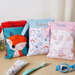 Personalized Cute Cartoon Animal Waterproof Zip Pouch Storage Bag with Embroidered Name Beach Party Birthday Gift for Kids