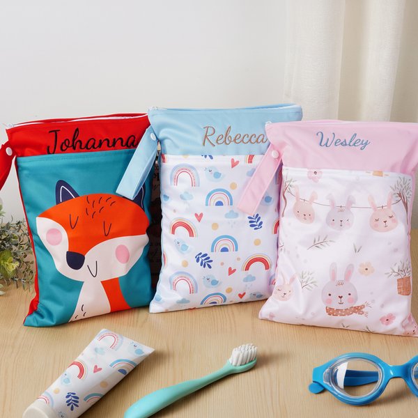 Personalized Cute Cartoon Animal Waterproof Zip Pouch Storage Bag with Embroidered Name Beach Party Birthday Gift for Kids