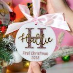Ornement de Noël en acrylique avec noeud et ruban rose avec initiales pailletées Cadeau de Noël pour Bébé Fille