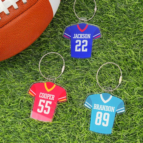 Personalised Multicolour Football Jersey Acrylic Keychain Backpack Tag with Name and Number Game Day Birthday Gift for Football Sports Lovers