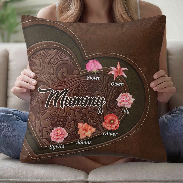 Personalized Vintage Heart Birth Flower Throw Pillow Cover with 1-12 Names Home Decor Birthday Christmas Gift for Mom Grandma