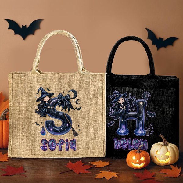 Personalized Cute Cartoon Witch Ribbon Initial Jute Tote Bag with Name Halloween Party Gift for Girls Women