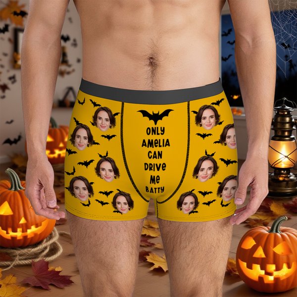 Personalized You Drive Me Batty Face Photo Men's Boxer Brief with Name Halloween Anniversary Birthday Gift for Boyfriend Husband